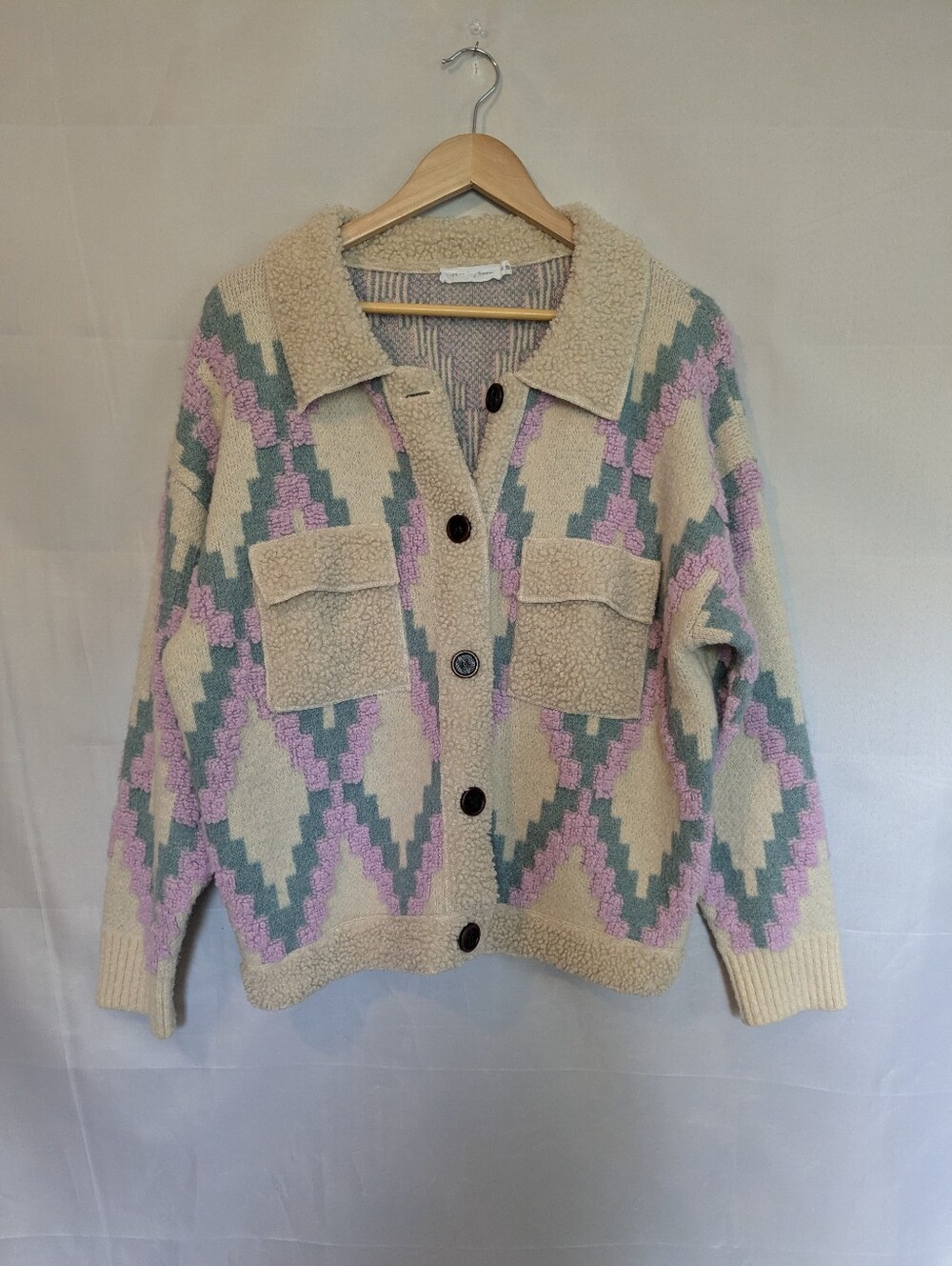 All In Favor Oversized Southwestern Knit Sherpa Trim Cardigan Cream Lilac M